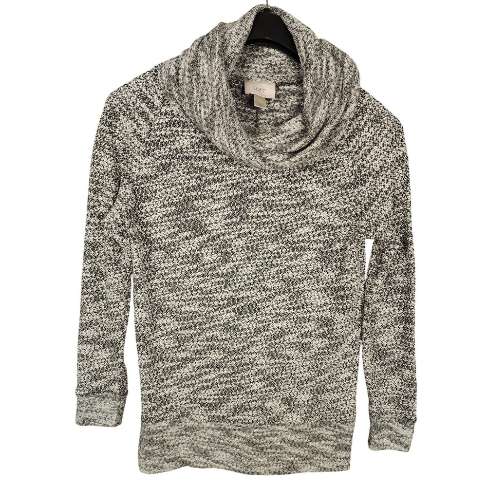 LOFT Womens Cowl Neck Sweater Black White Marled Knit Long Sleeve Size S